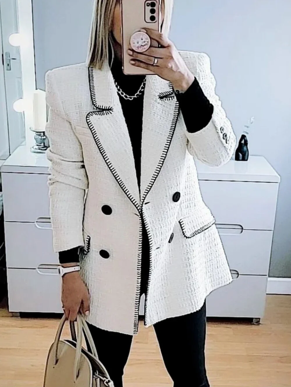 Zara  Double Breasted Whote Black Blazer Size S